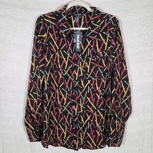ModCloth Pencil Print Button Up Blouse Women's L Black Long Sleeve Novelty Print